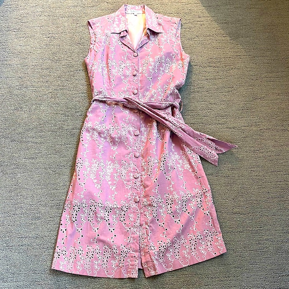 Liberty Satin-Lined Cotton Eyelet Dress in Lilac, Size L